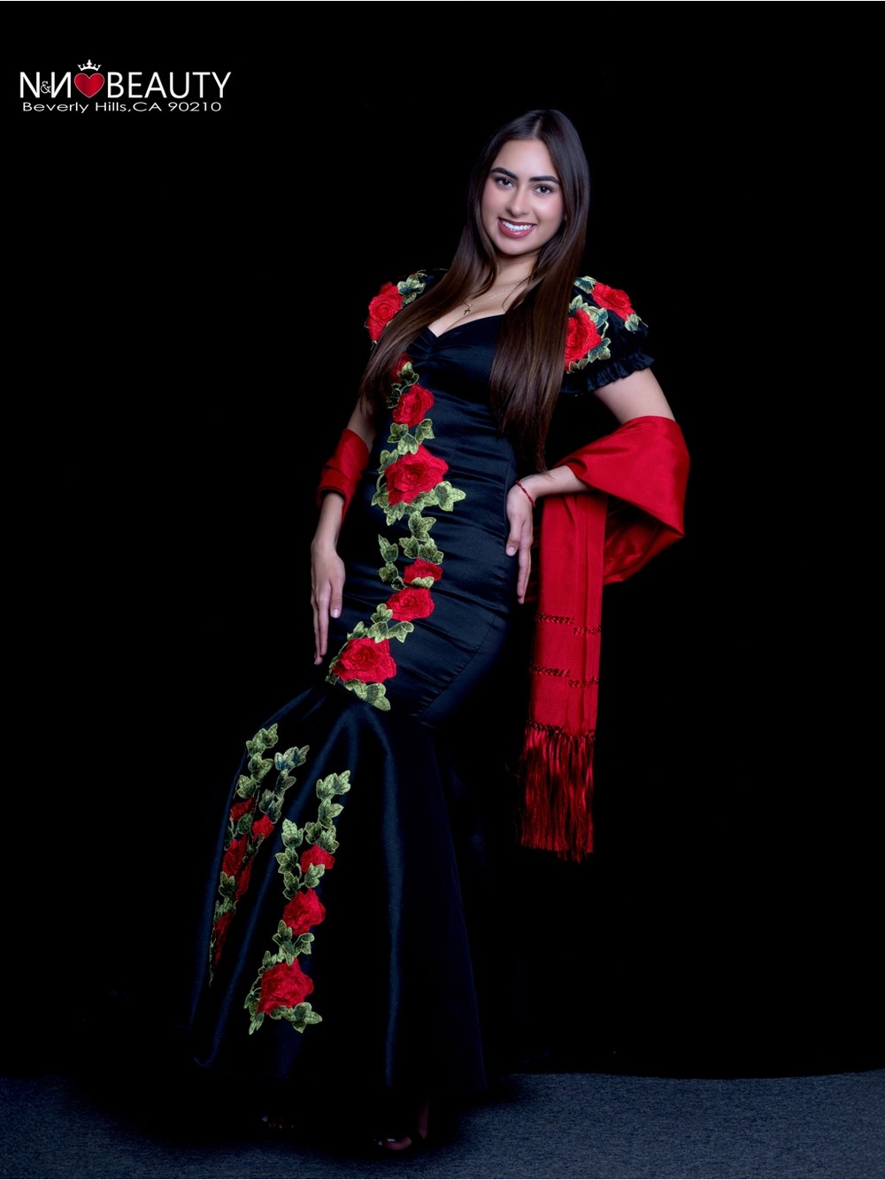 Black Satin Mermaid Dress with Red Rose Embroidery and Red Shawl - Picture 3 of 11